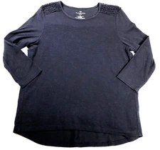 Talbots Womens Top Size PM Navy Blue Floral Lace Stretch 3/4 Sleeves Hi-Low Hem