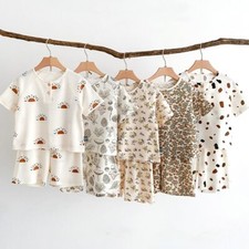 Pajamas Set Short Sleeve Print Sleepwear Breathable Cotton Waffler Clothes 2PCS