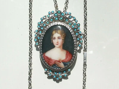 T BEAU PENDENTIF / BROCHE / ANCIEN XIXème en ARGENT / TURQUOISE / PORTRAIT EMAIL - Photo 1/4