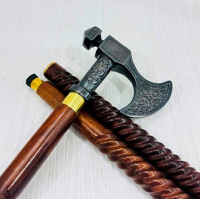Antique Axe Viking Walking Stick Canes Red Wood Two Fold Unique Design Handle
