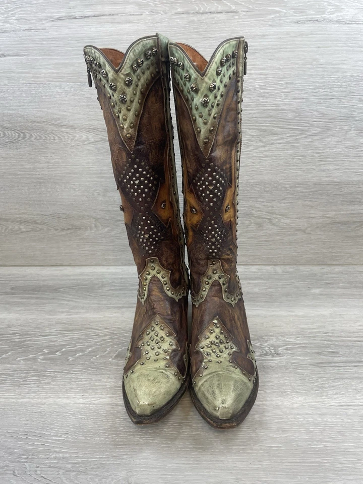 Botas vaqueras occidentales Dan Post Natasha 3687 marrón oliva cuero tachonado 9,5 recortes Foto 2 de 4