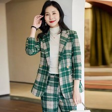 Tailleur Verde Scozzese Elegante Con Giacca Doppiopetto Pantalone Dritto CF45619