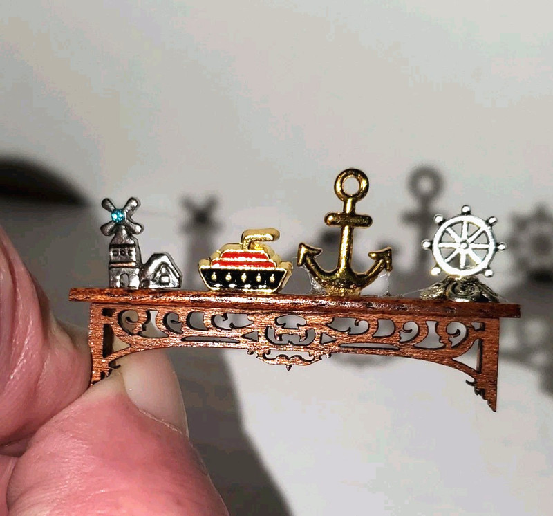 HALF SCALE 1/24 Dollhouse Wooden Wall Shelf Decorated With Nautical Decor