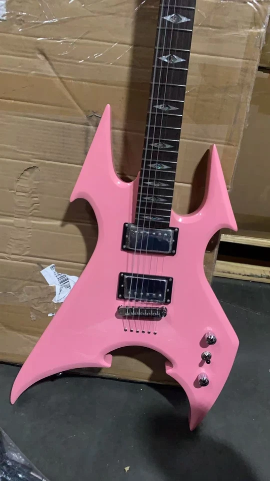 Pink color unique shape guitar maple neck mahogany body bone nut bolt on 022 - Image 4 of 4