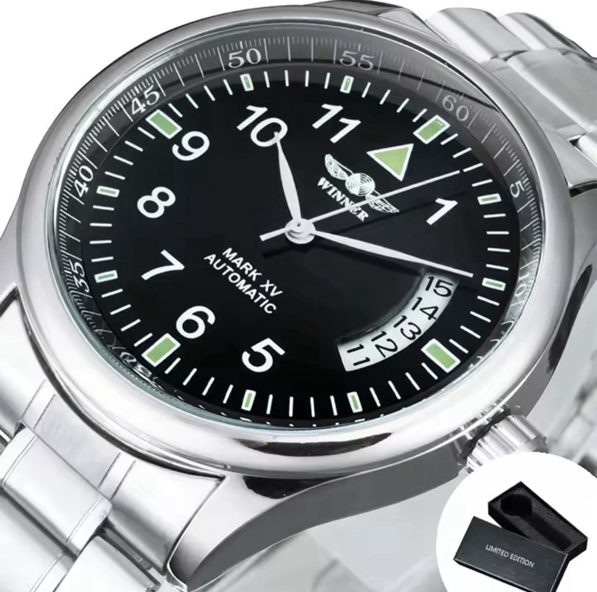 Winner Men’s Mark XV Automatic Wristwatch Black Dial Silver Stainless Steel Date