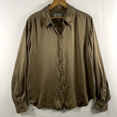 Style & Co Womens Silk Button Top Sz 12 Taupe Quiet Luxury Minimalist Capsule