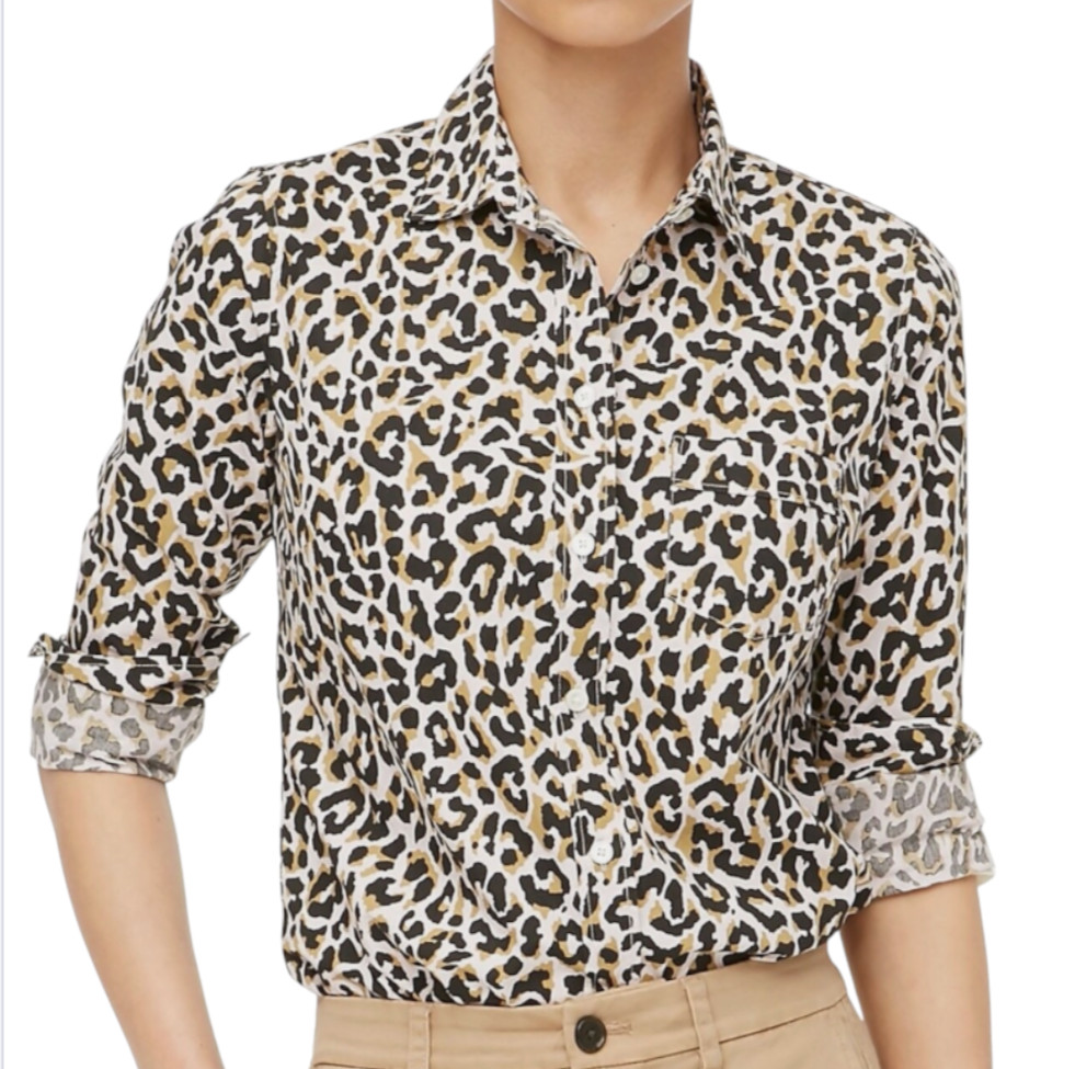J CREW The Perfect Fit Shirt COTTON POPLIN Button-Up Top LEOPARD PRINT Blouse M