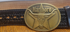 Marlboro Solid Brass Longhorn Belt Buckle Leather Belt 38" - 44" 1987