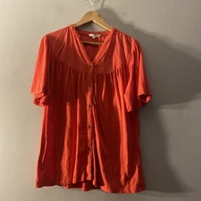 Fat Face Top Size 12 Orange Blouse Short Sleeve Button Down V-neck