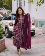 Women Bhandej Printed Purple Kurta With Pant Dupatta , Plus Size Salwar Kameez