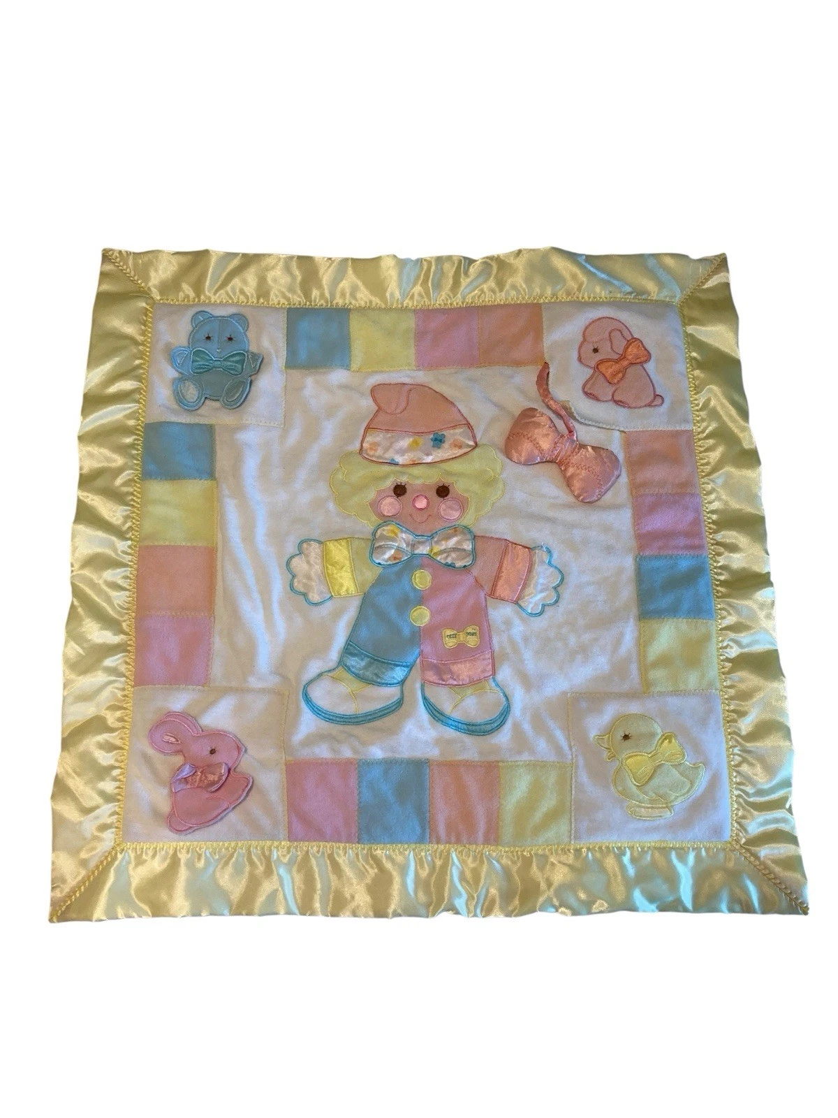 VTG Cozy Bows Clown Baby Activity Play Mat Blanket Yellow Satin Trim 25 x 26