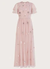 Monsoon London Catherine Embellished Maxi Dress Pink Lace Trim U.S. Size 2 NWT