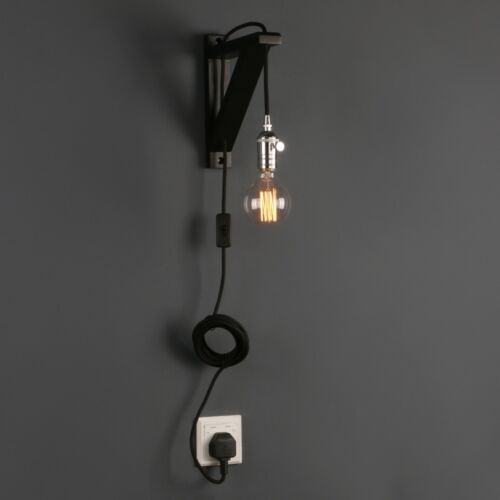 Retro Industrial Plug In Wall Light Sconce Bare Lampholder Wooden Bracket Lamp - Picture 1 of 26
