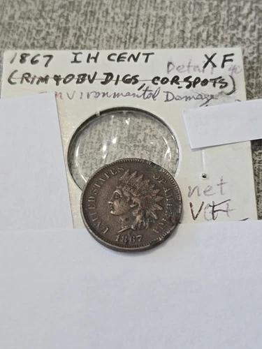 1867 Indian Head Penny Cent XF Details Environmental Damage Net VF