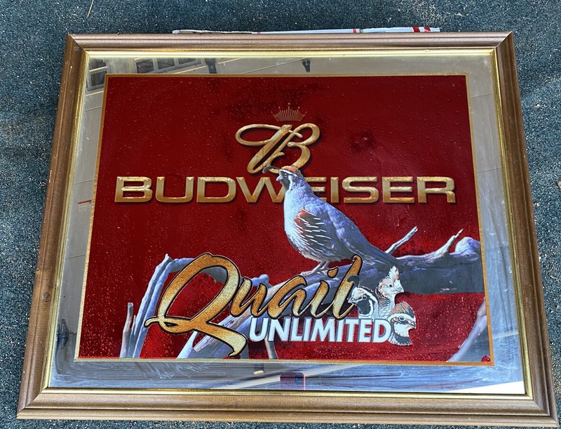 RARE LARGE BUDWEISER QUAIL UNLIMITED BEER BUD BAR MIRROR 33x28