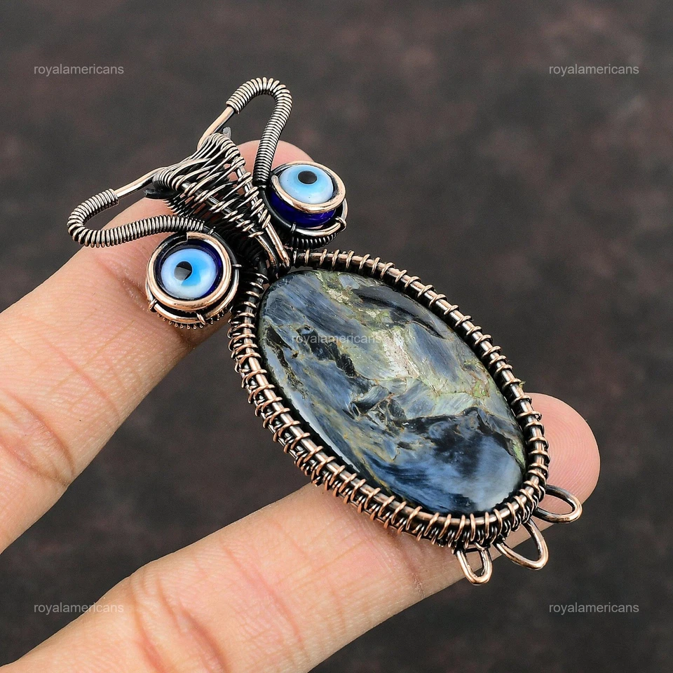 Oval Natural Pietersite Blue Color Evil Eye Copper Owl And Wire Wrapped Pendant - Image 3 of 4