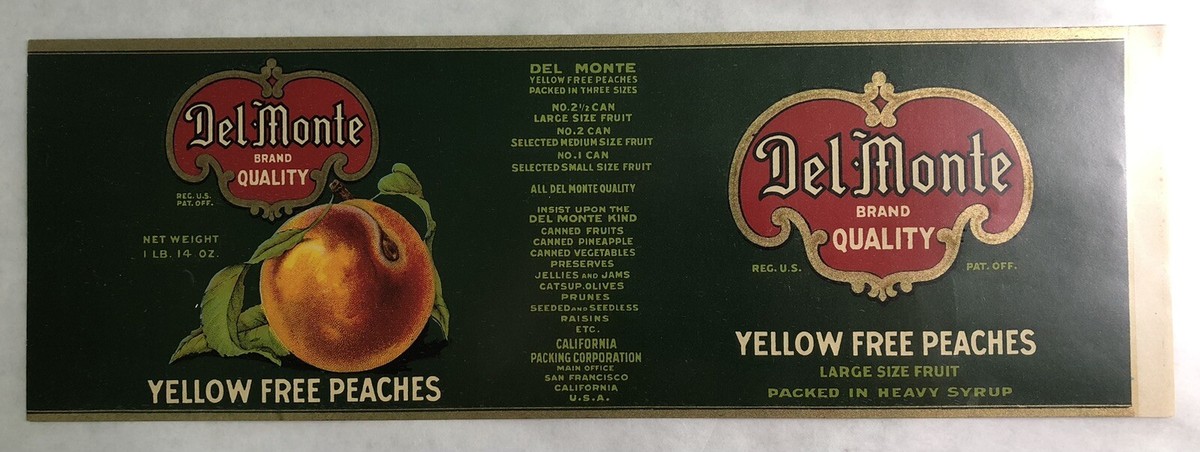 Vintage Ca 1930 DEL MONTE Yellow Free Peaches CAN LABEL Unused CA