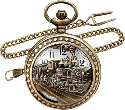 Antique Bronze Steam Trains Patterned Quartz Pocket Watch Necklace Sweater Chain