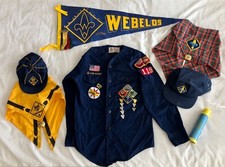 Cub Scout/Webelos uniform: Shirt Caps Pins Neckerchiefs telescope vintage 1970s