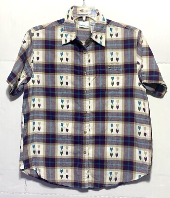 Bobbie Brooks Button Shirt Women's L Purple Plaid Hearts Embroidered Granny Chic