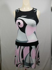 Vtg City Triangles Midi Dress Pink Black Gray Drop Waist Pleated Medium 