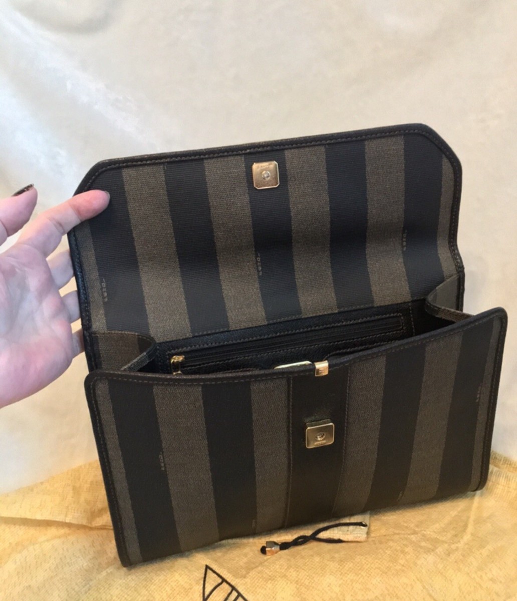 Vintage FENDI Pequin Stripe Vinyl Clutch Flap Hand Bag