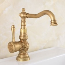 Antique Brass Carved Bathroom / Kitchen Sink Swivel Faucet Mixer Tap fnf705