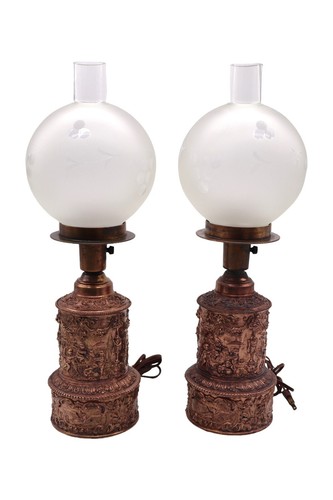 Pair of Antique Bronze Figural Repousse Electrified Hurricane Lamps - Picture 2 of 11