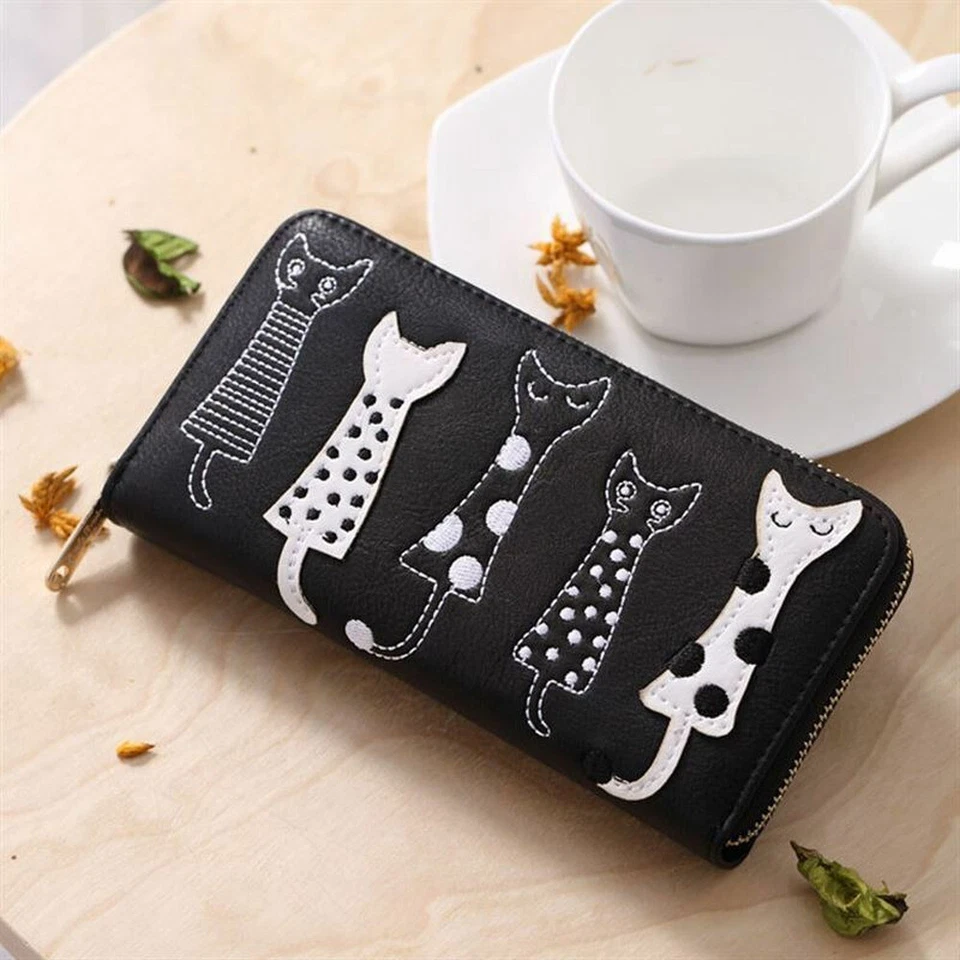 Mujeres Cartera de Cuero Lindo Patrón de Gato Portatarjetas Monedas Cremallera Cartera Bolso de Mano Largo Foto 4 de 4