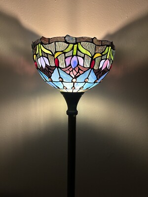 Tiffany Style Torch Floor Lamp Blue Stained Glass Purple Tulips
