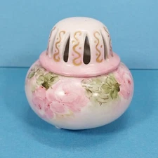 Signed M. Niemann Handpainted Vintage Pink Roses Porcelain Potpourri Jar Holder
