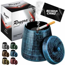 roygra Ashtray with Lid, Windproof Smokeless Odorless Metal Tabletop Ash Tray...