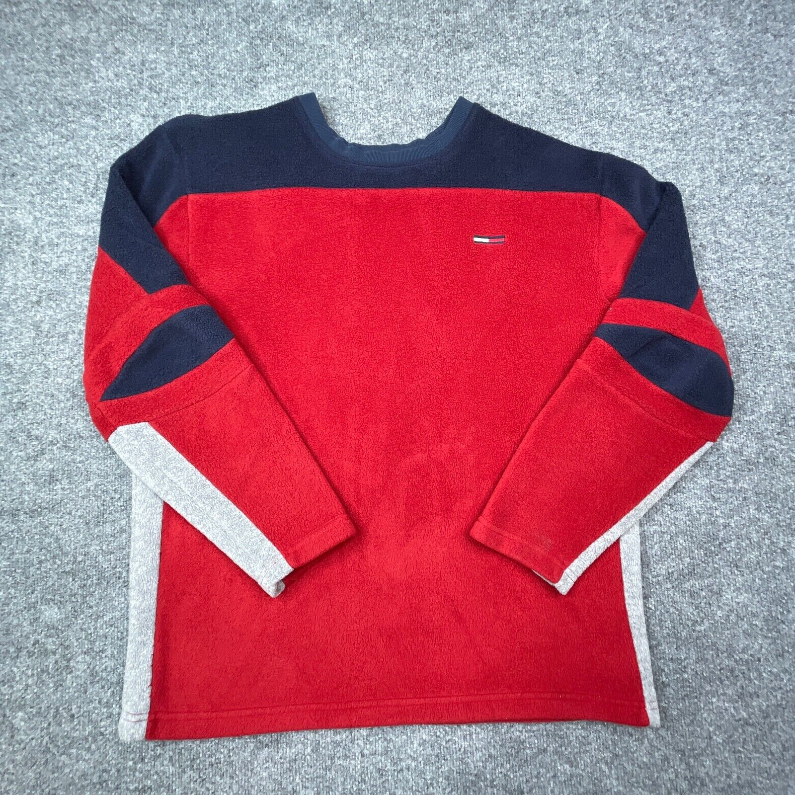 Vintage Tommy Jeans Sweater Mens Large Fleece Crew Red Blue Long Sleeve  Hilfiger