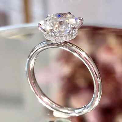 Real Moissanite 3Ct Round Cut Women's Halo Engagement Ring 14K White Gold Plated