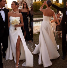 Boho Satin Dresses Bridal Gowns Sleeveless Strapless Wedding Dress Thigh Split