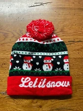 Stocking Cap Hat Knit Beanie Pom Tassel Snowman Snowflake Holiday Christmas Red