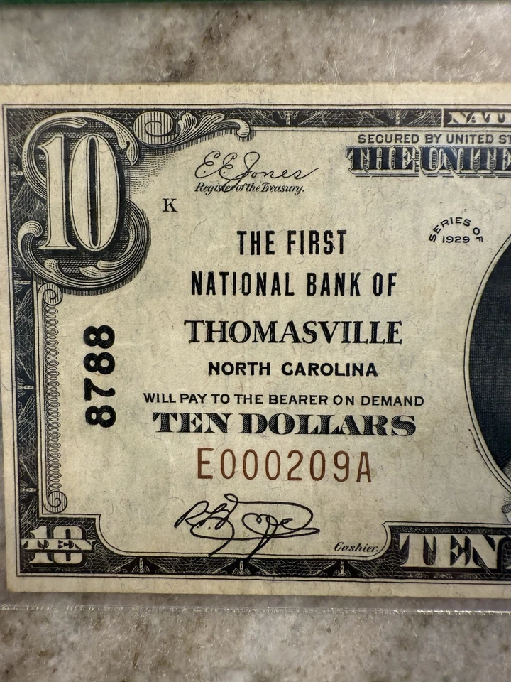 $10 1929 Thomasville North Carolina T1 NBN Choice VF 35PPQ - Image 2 of 4