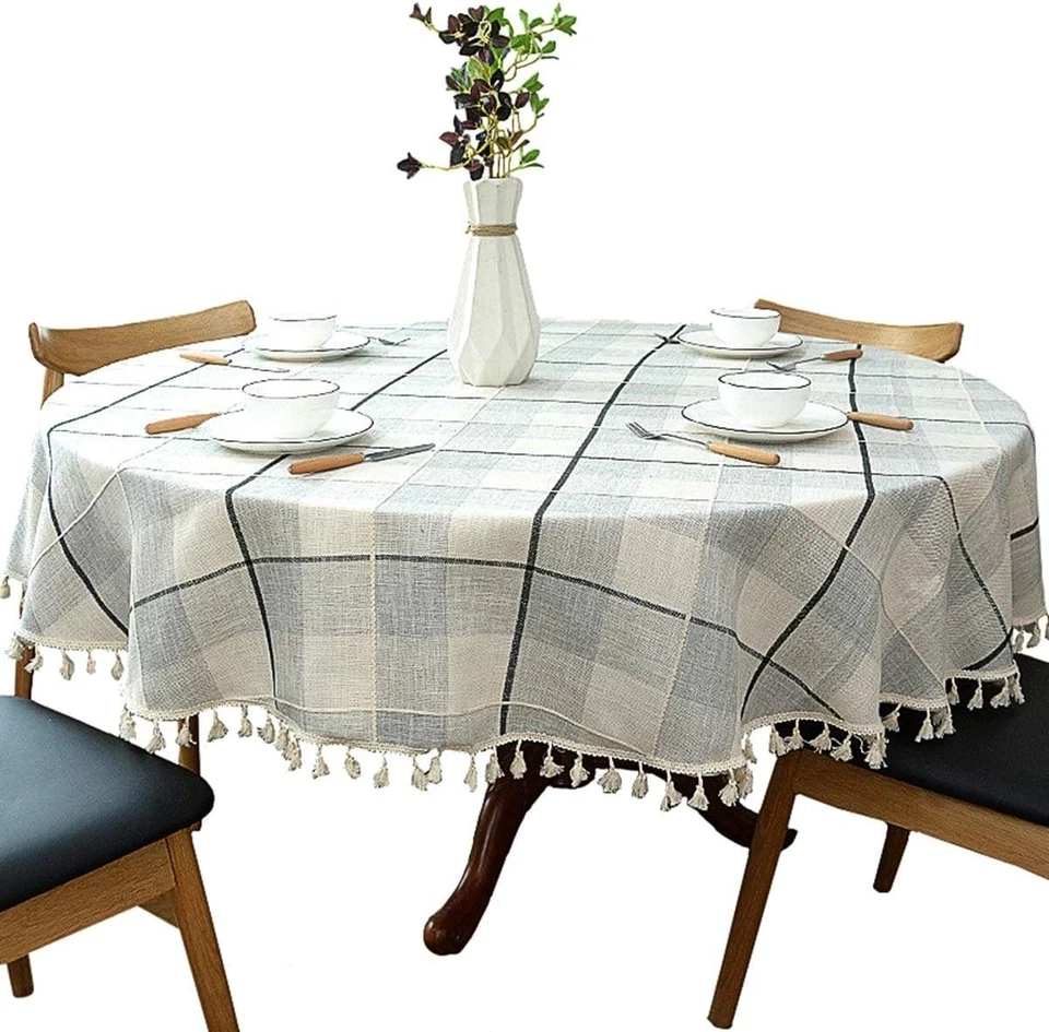 Tassel Trim Grey Check Tablecloth, 78" Round - Cotton Linen - Image 3 of 4