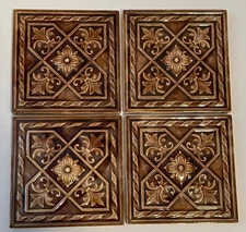 U.S. ENCAUSTIC TILE CO Antique Brown Glazed Majolica Embossed Tile 6” (Set of 4)