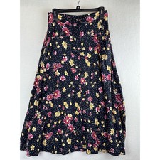 Vintage Jantzen Black Floral Print Cottagecore Forest Midi Button skirt Size 6