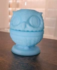 Vintage Fenton Blue Satin OWL FAIRY LAMP Art Glass Candle Holder Tea Light