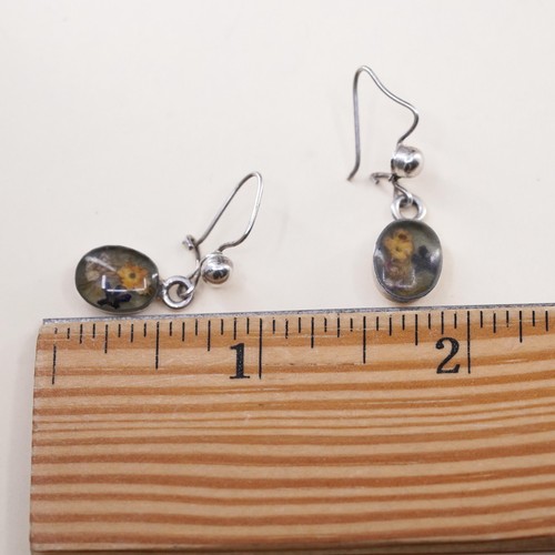 Vintage sterling 925 silver handmade oval earrings with resin flower - Picture 7 of 8