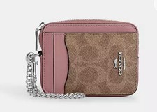 Coach Zip Card Case In Signature Canvas CW883 SV/Tan/Dusty Pink, New