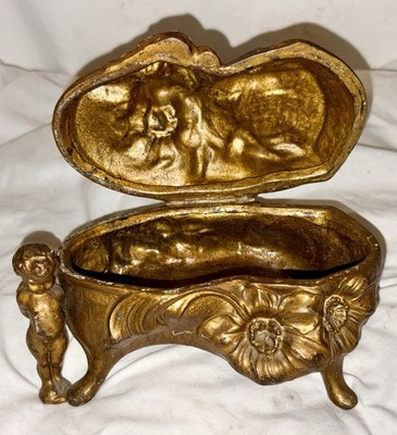VTG ART POTTERY GOLD PAINT HINGED LID TRINKET BOX
