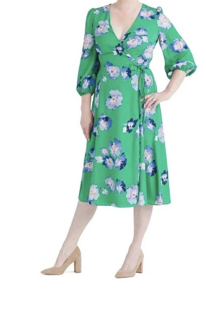 VETEMENTS Abito donna Eliza J taglia 6P Petite scollo a V blu verde floreale finto avvolgente surplice