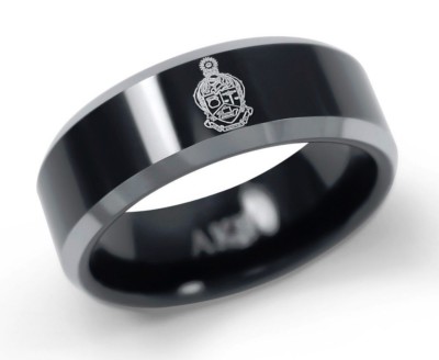 Alpha Kappa Psi Fraternity Black Tungsten Ring with Crest & Letters