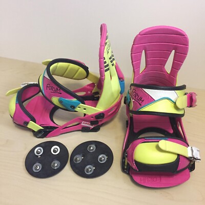 FORUM FACTION Medium Snowboard Bindings Neon Pink & Yellow w/ Discs & Hardware