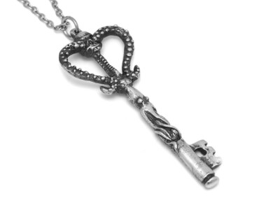 Big Octopus Skeleton Key Necklace, Handmade Skull Jewelry in Pewter