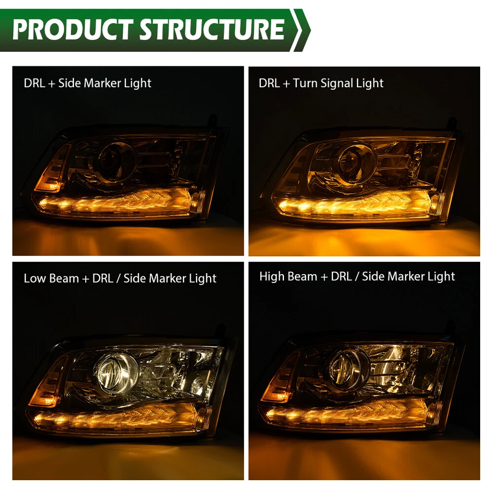 Fit For 09-18 Dodge Ram 1500 2500 3500 Clear Projector Headlights w/LED DRL - Image 4 of 4