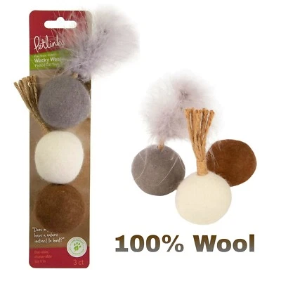 Petlinks Wacky Woolies - Natural Felted Wool Cat Toys w/Jute & Feathers - 3 Pack